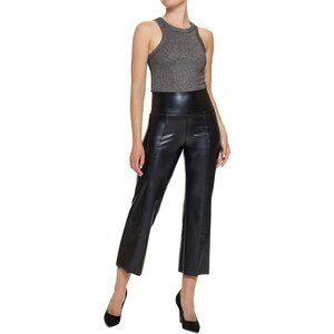 HUE U23634 Tummy Control Faux Leather Flare Leggings Black ( S )